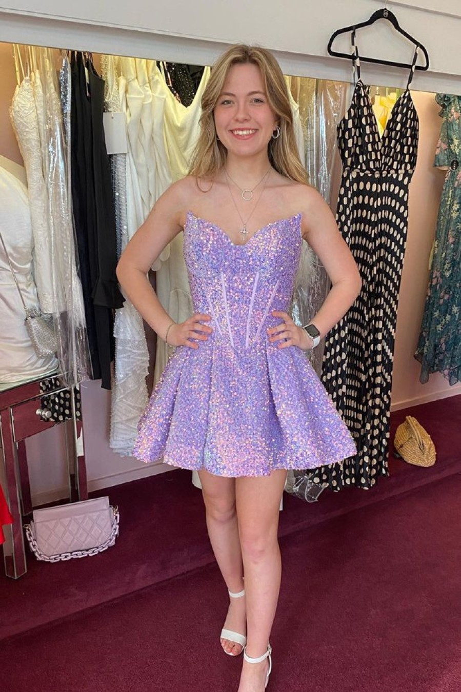 Homrain Sparkly Corset Sequined A-Line Short Homecoming Dress | Purple Hoco Dresses