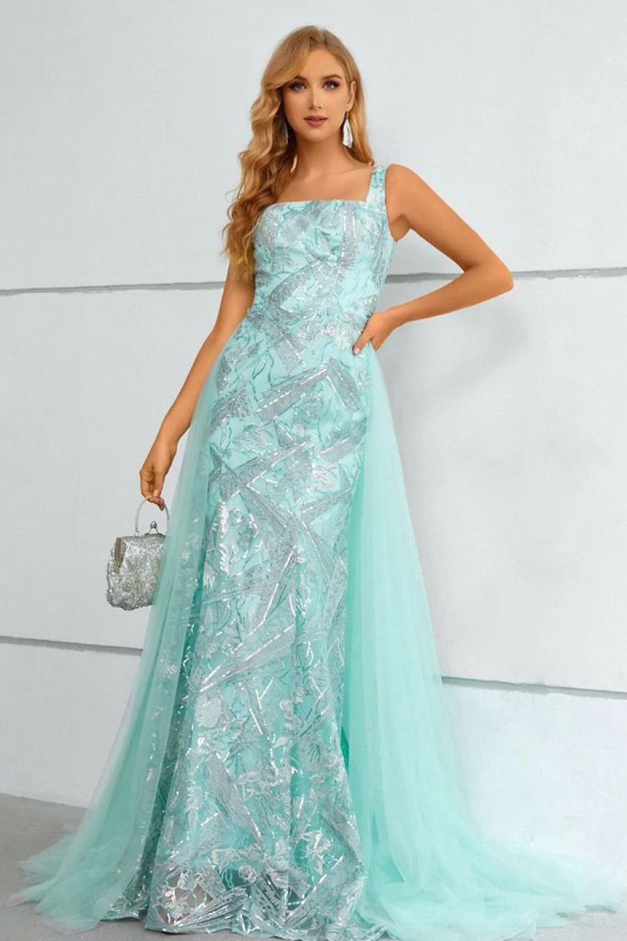 Homrain Square Neck Mermaid Sequined Prom Dress With Detachable Train | Green Prom Dresses