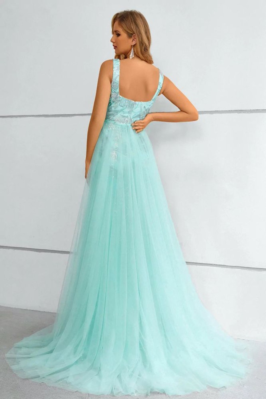 Homrain Square Neck Mermaid Sequined Prom Dress With Detachable Train | Green Prom Dresses