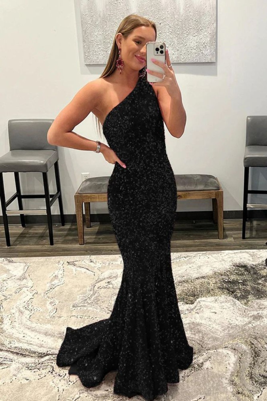 Homrain Mermaid One Shoulder Sequins Prom Dress | Black Prom Dresses