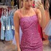 Homrain Sparkly Sequins Spaghetti Straps Sleeveless Tight Short Homecoming Dress | Hot Pink Hoco Dresses