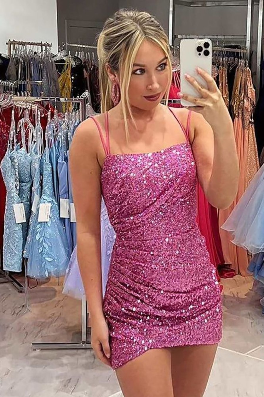 Homrain Sparkly Sequins Spaghetti Straps Sleeveless Tight Short Homecoming Dress | Hot Pink Hoco Dresses