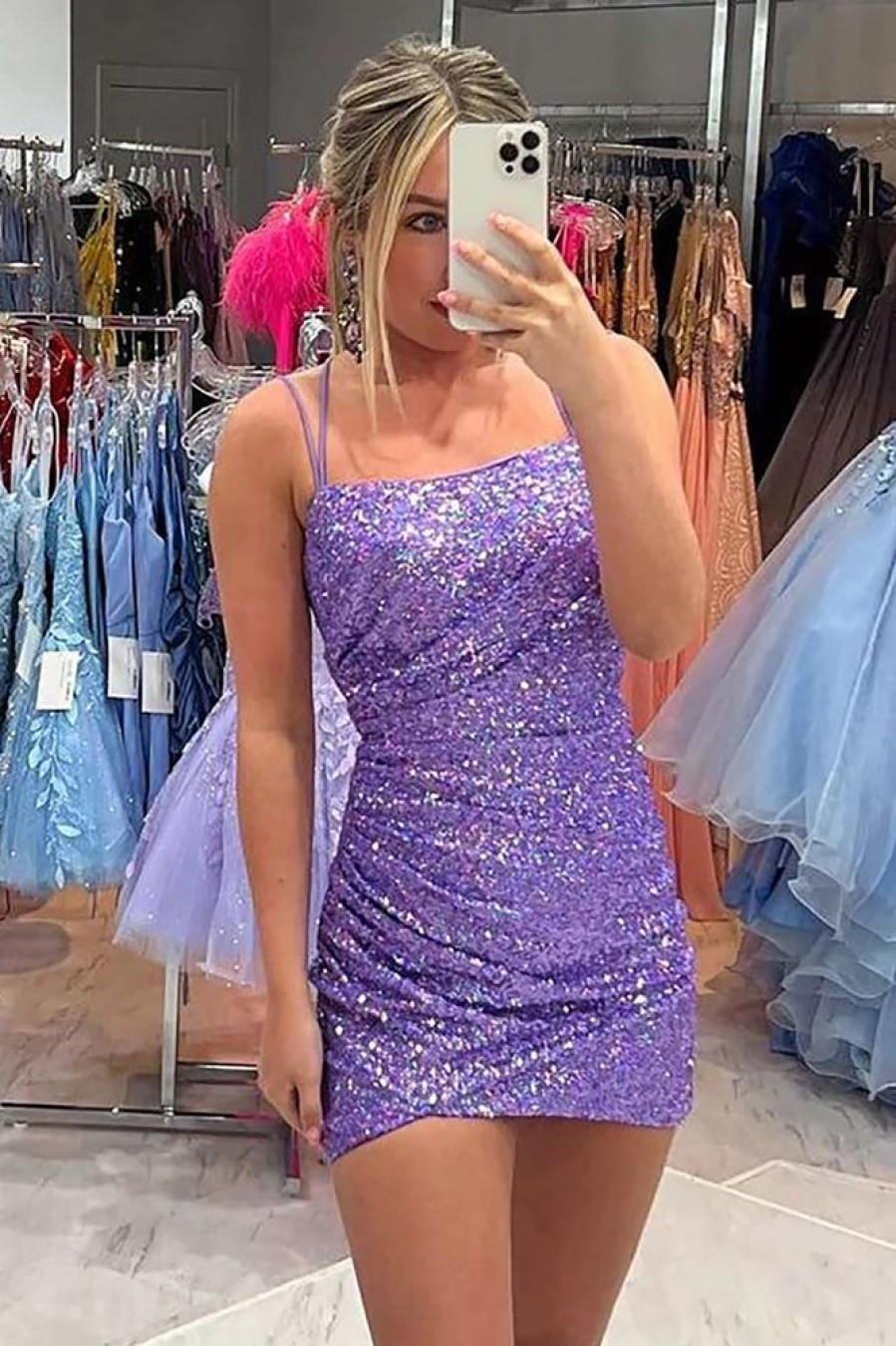 Homrain Sparkly Sequins Spaghetti Straps Sleeveless Tight Short Homecoming Dress | Hot Pink Hoco Dresses