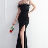 Homrain Sheath Feathers Prom Dress With Slit | Black Prom Dresses