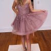 Homrain Glitter A-Line Tulle Short Homecoming Dress With Lace | Pink Hoco Dresses