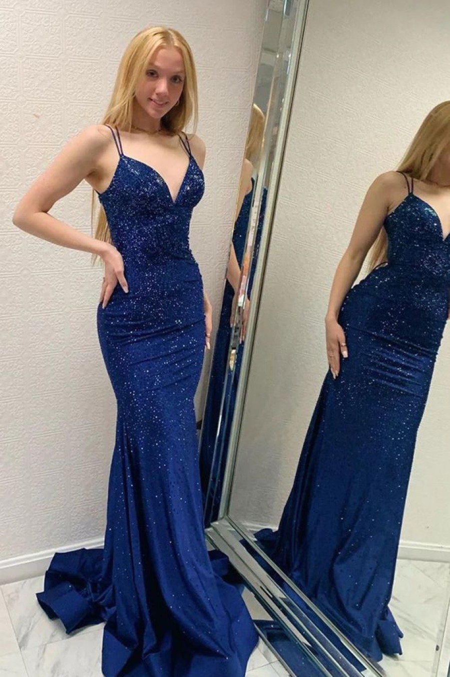 Homrain Sparkly Beaded Mermaid Backless Long Prom Dress | Blue Prom Dresses