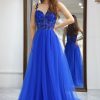 Homrain A Line Long Corset Prom Dress With Appliques | Blue Prom Dresses