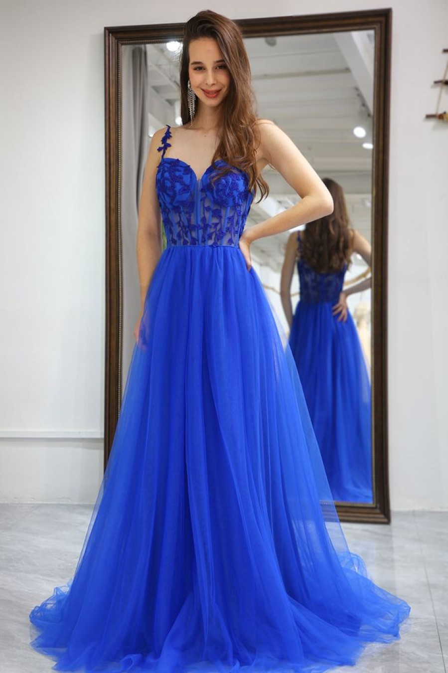 Homrain A Line Long Corset Prom Dress With Appliques | Blue Prom Dresses