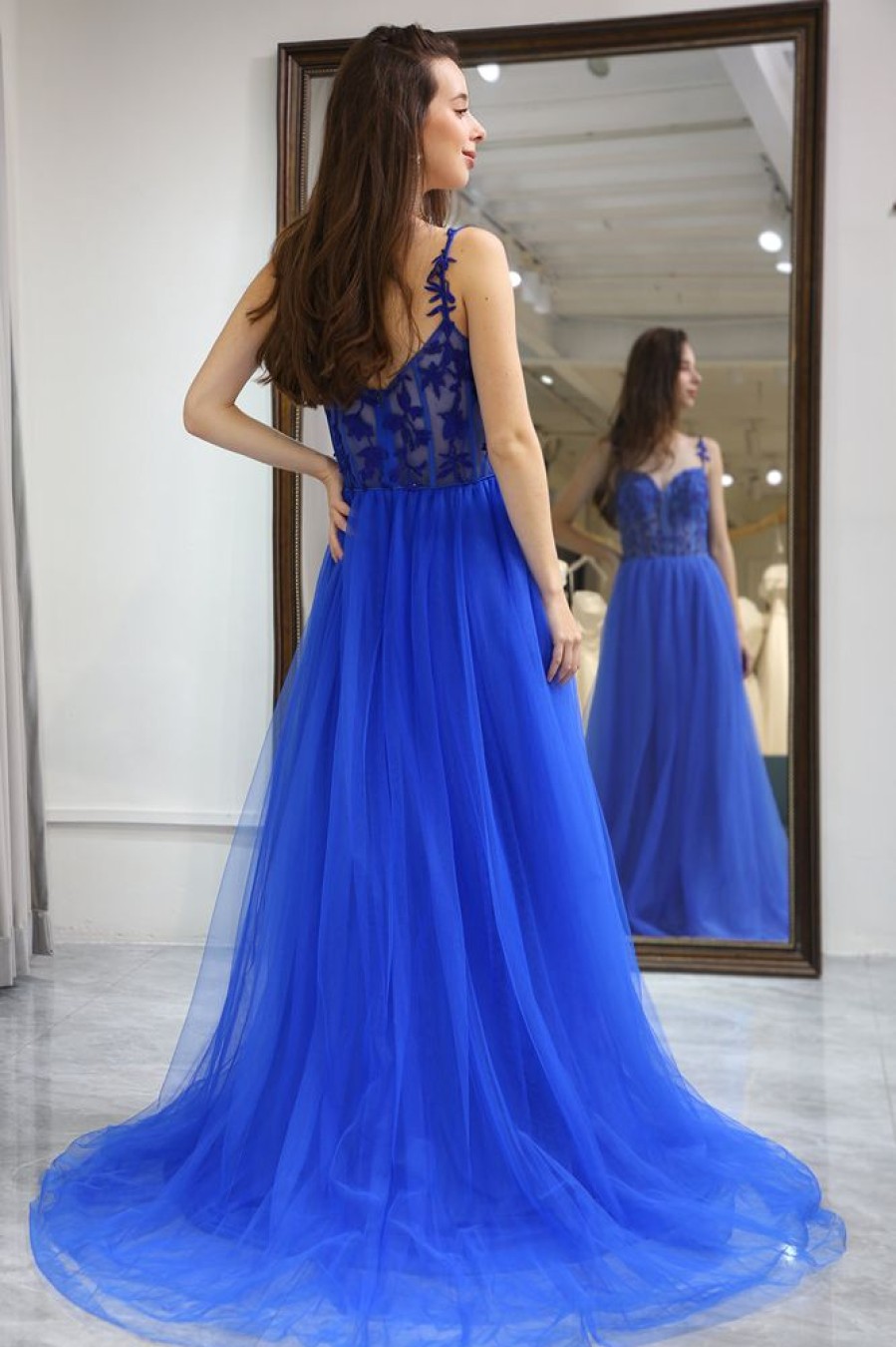 Homrain A Line Long Corset Prom Dress With Appliques | Blue Prom Dresses