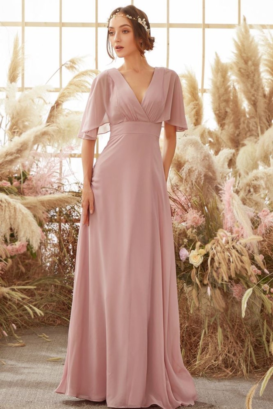 Homrain Blush Batwing Sleeves Chiffon Bridesmaid Dress | Boho Bridesmaid Dresses