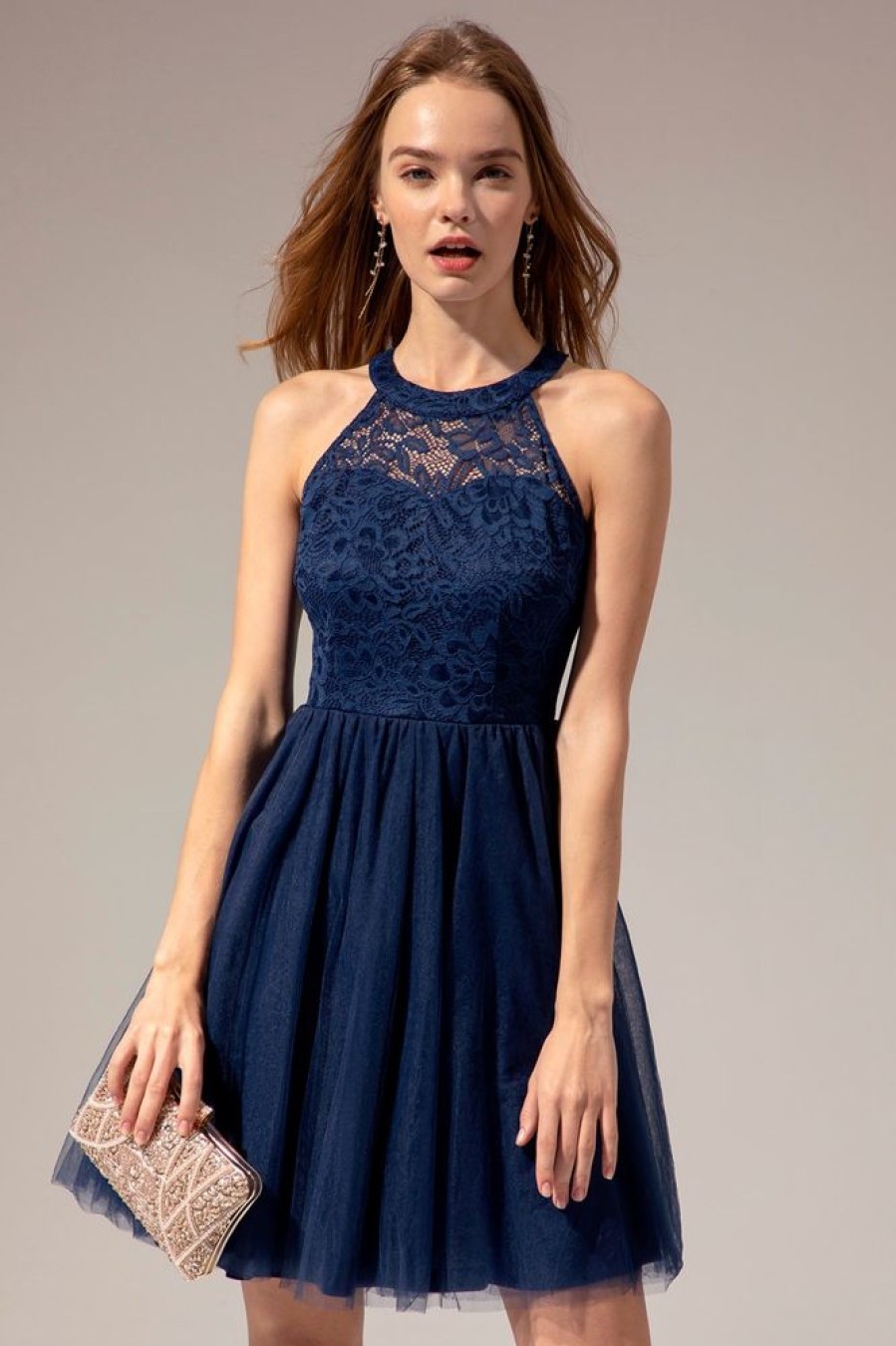 Homrain Halter Lace Dress | Blue Hoco Dresses