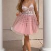 Homrain A-Line Spaghetti Straps Tulle Short Homecoming Dress With Lace | Pink Hoco Dresses