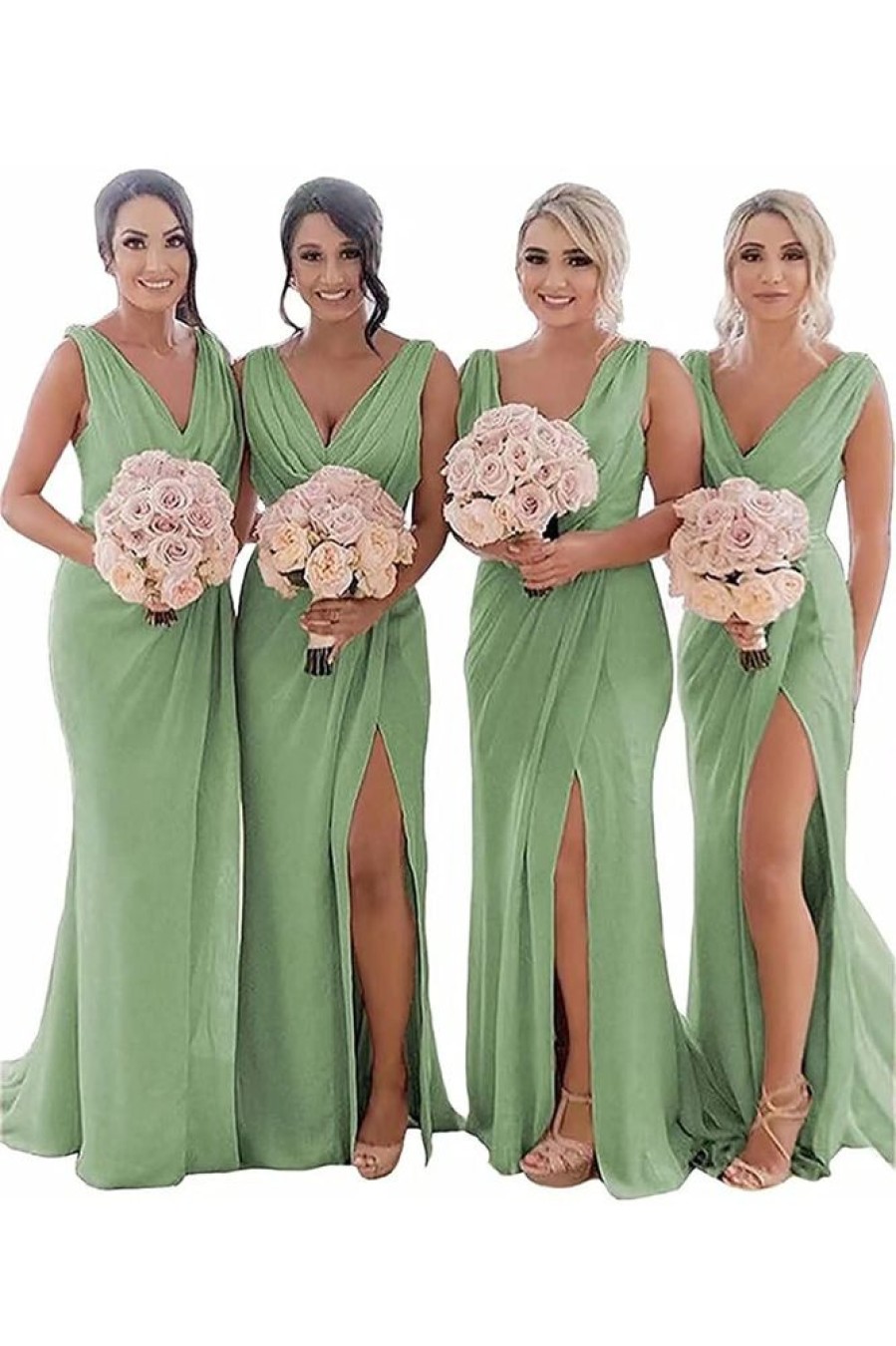 Homrain Sheath Chiffon Ruched Long Bridesmaid Dress With Slit | Sage Green Bridesmaid Dress