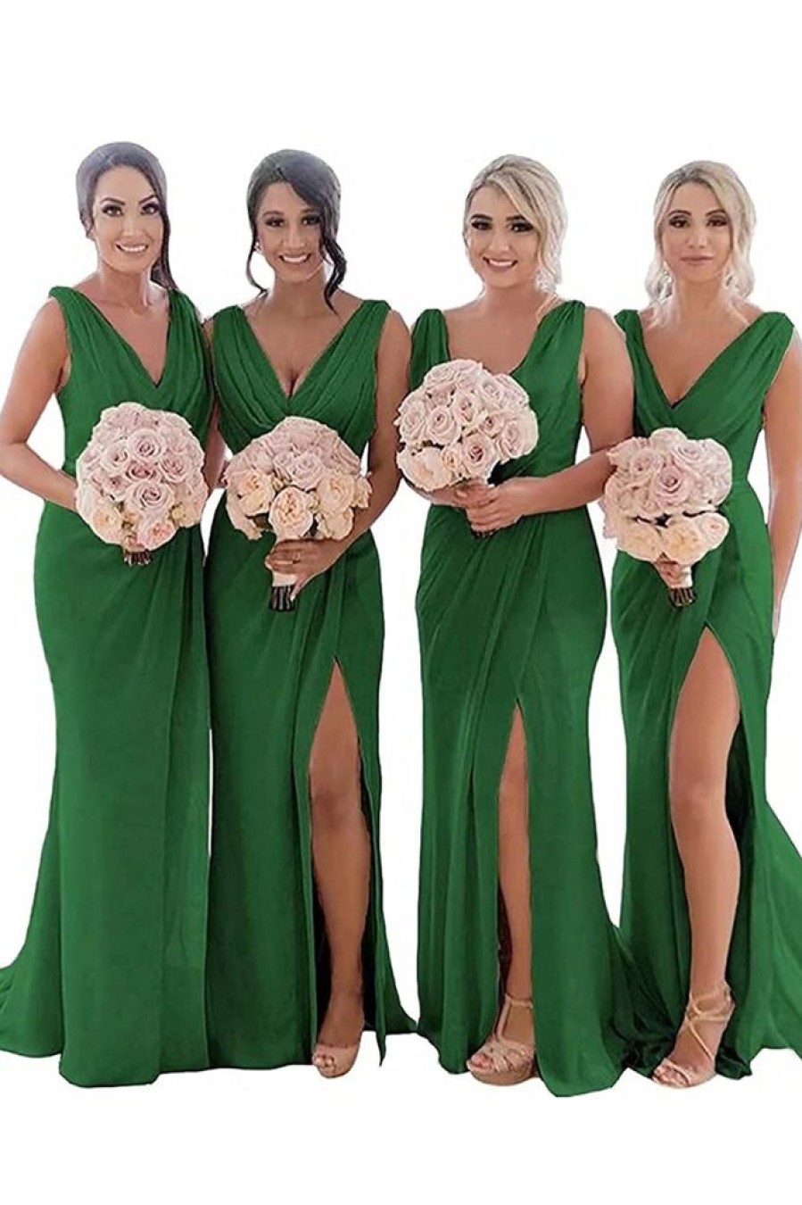 Homrain Sheath Chiffon Ruched Long Bridesmaid Dress With Slit | Sage Green Bridesmaid Dress