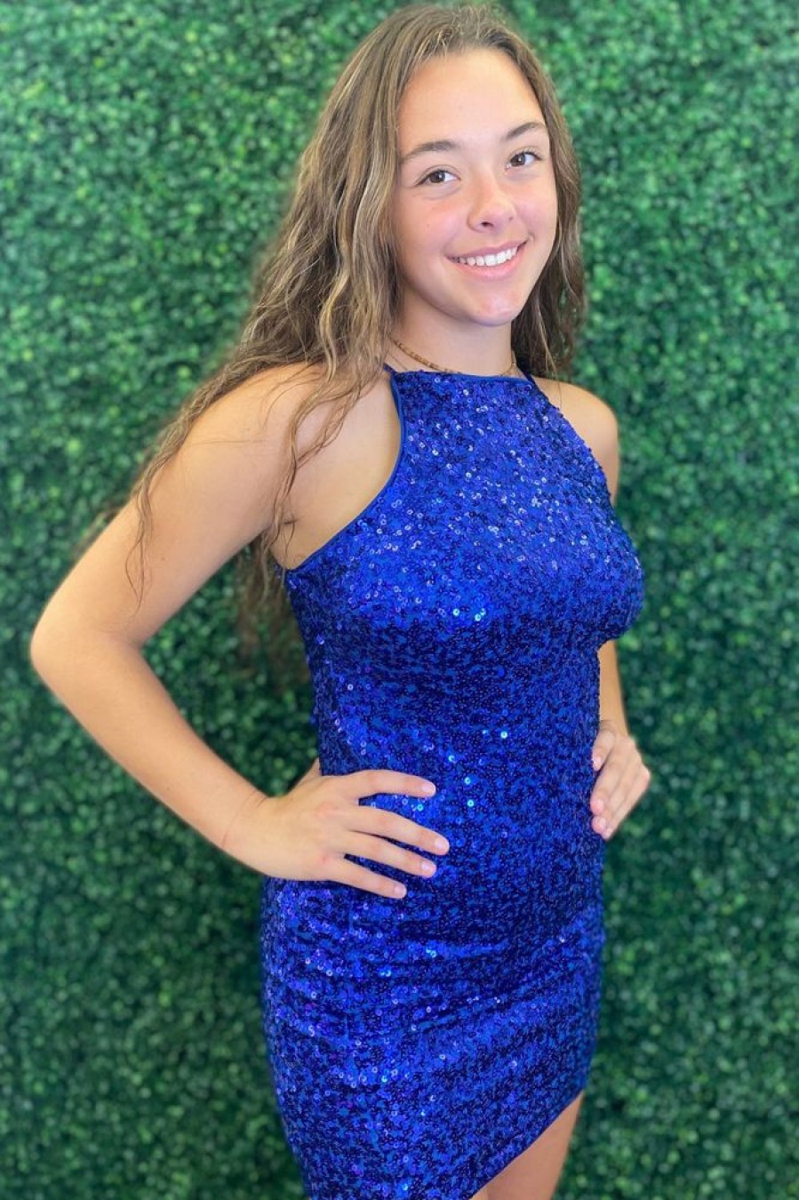 Homrain Glitter Spaghetti Straps Sequins Tight Short Homecoming Dress | Blue Hoco Dresses