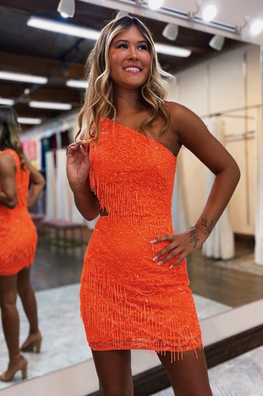 Homrain Sparkly One Shoulder Sequins Cut Out Short Homecoming Dress With Fringes | Orange Hoco Dresses