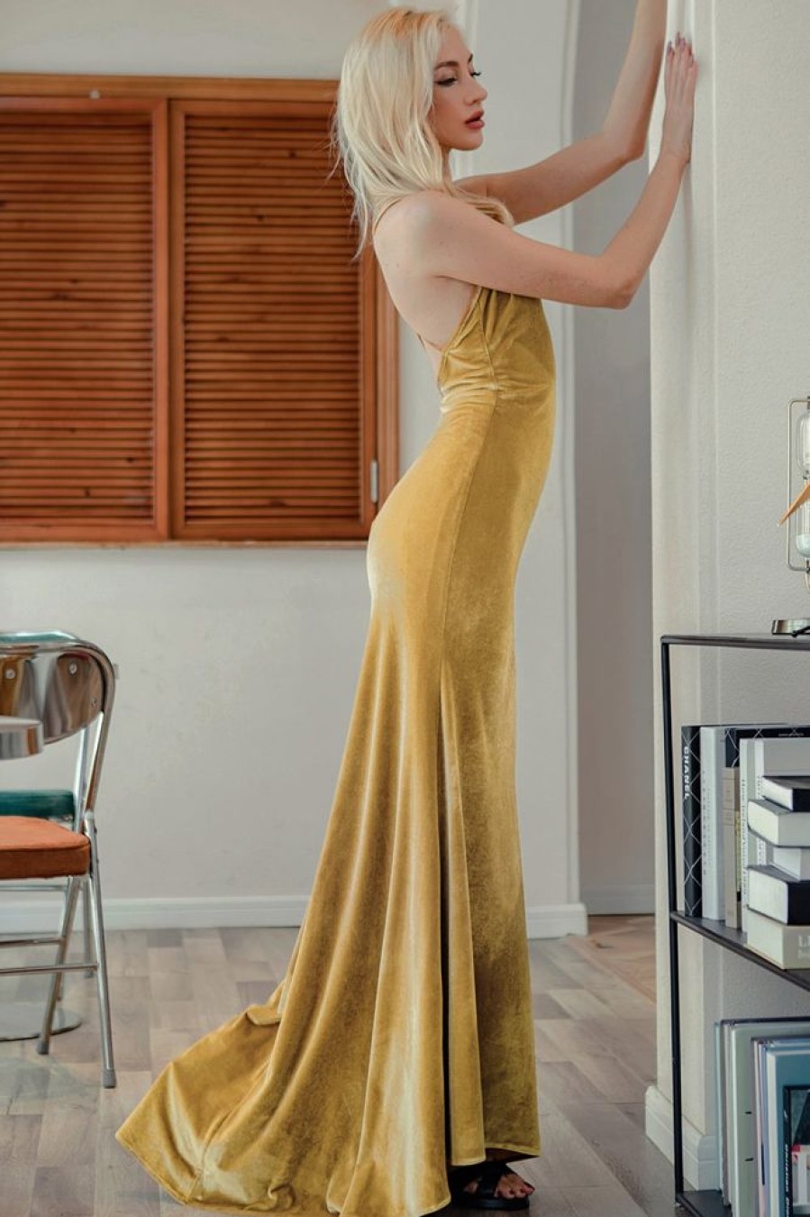 Homrain Velvet Evening Party Dress | Gold Prom Dresses