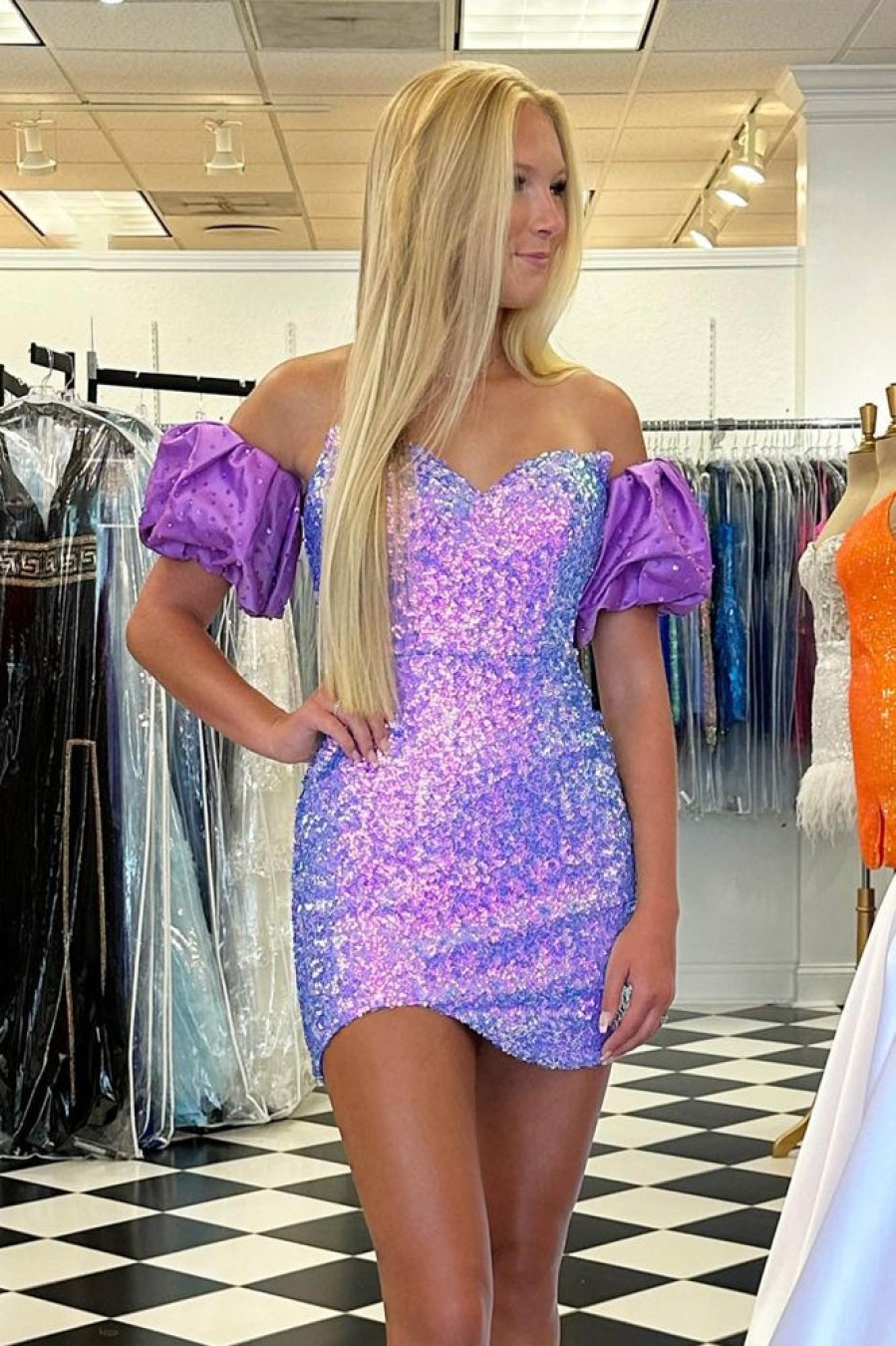 Homrain Sparkly Detachable Short Sleeves Sequins Tight Short Homecoming Dress | Purple Hoco Dresses