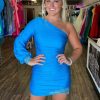 Homrain Glitter Turquoise One Shoulder Tight Short Homecoming Dress With Sleeves | Blue Hoco Dresses