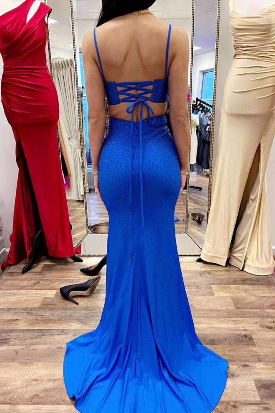 Homrain Spaghetti Straps Mermaid Prom Dress With Slit | Blue Prom Dresses