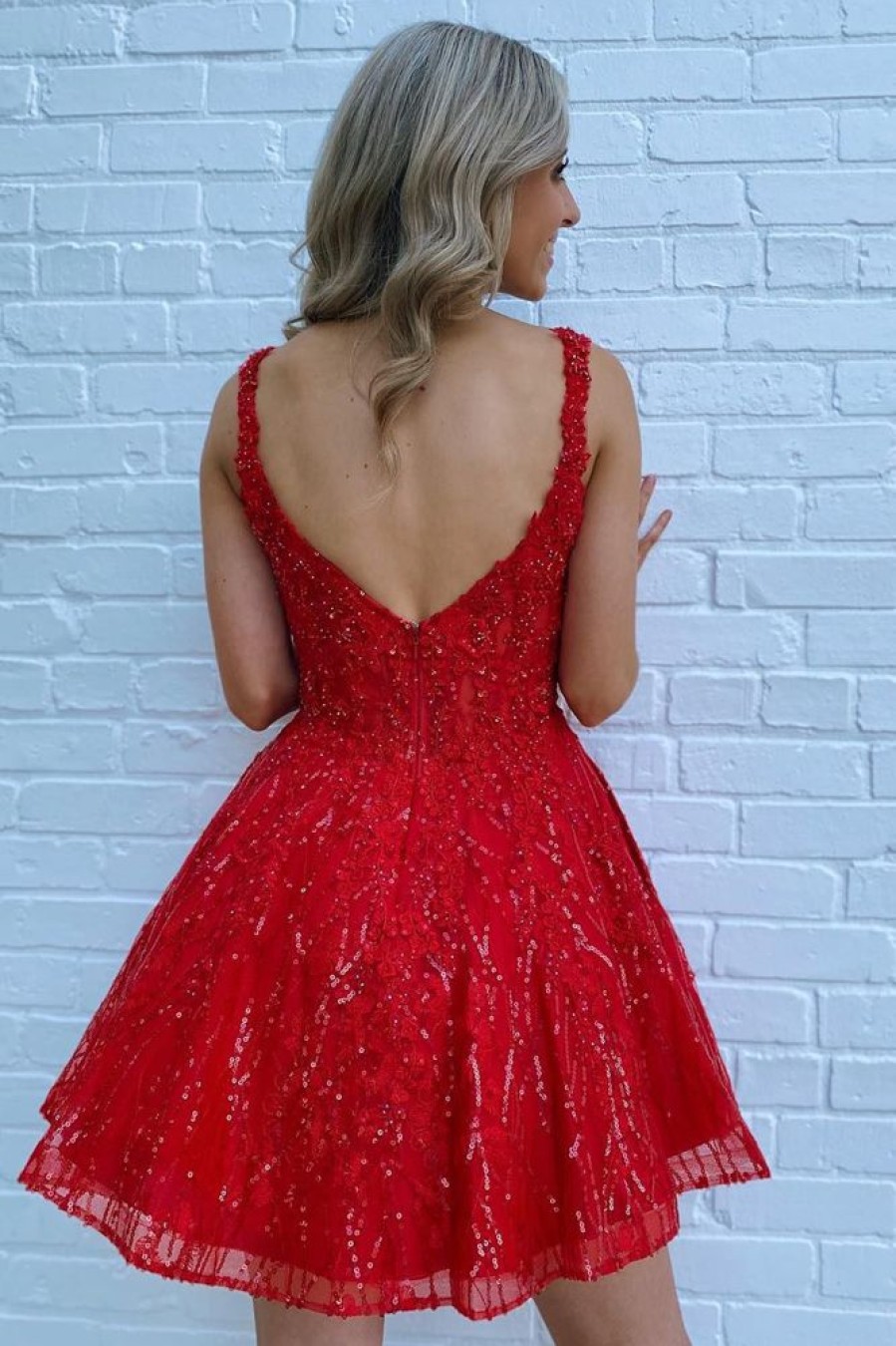 Homrain Sparkly Sequins A-Line Short Homecoming Dress With Pockets | Red Hoco Dresses