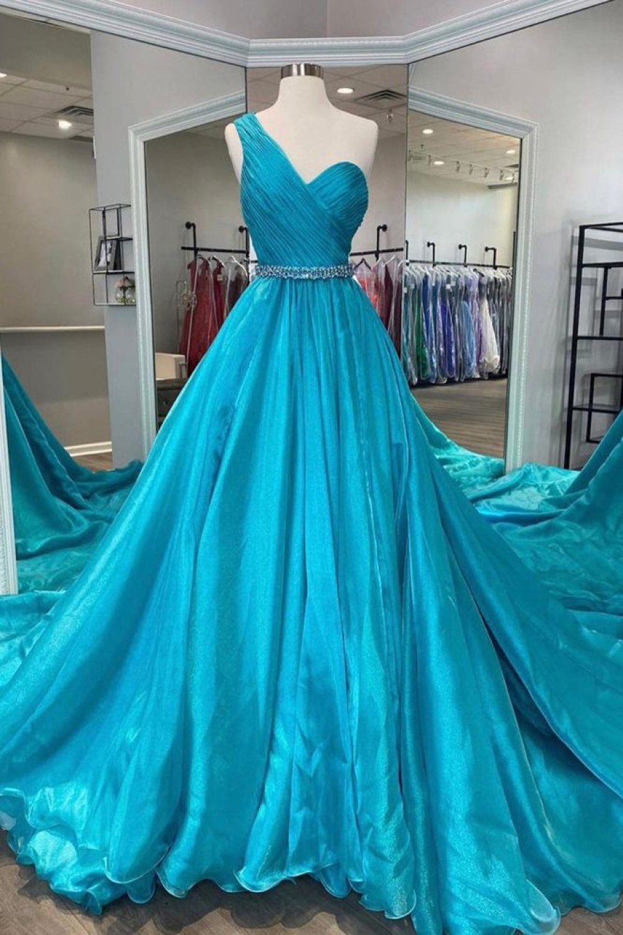 Homrain One Shoulder A Line Prom Dress With Beading Waist | Blue Prom Dresses