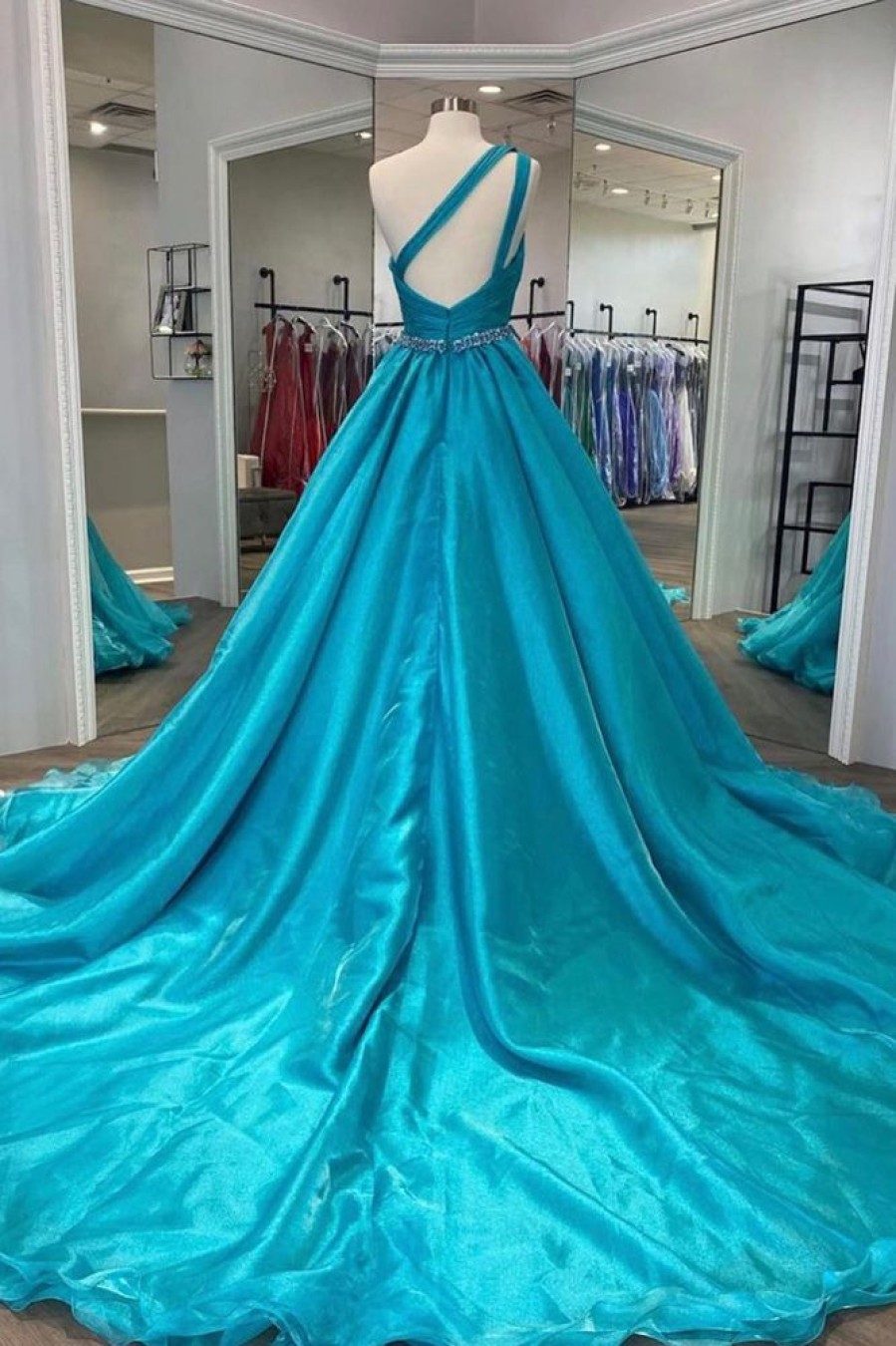 Homrain One Shoulder A Line Prom Dress With Beading Waist | Blue Prom Dresses