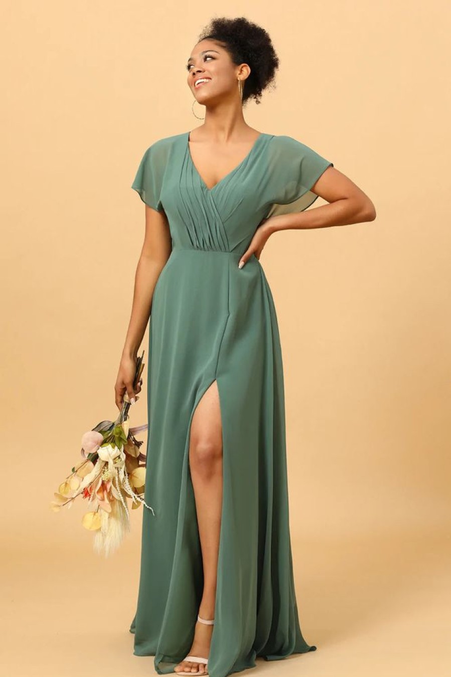 Homrain Chiffon A-Line Green Bridesmaid Dress With Slit | Boho Bridesmaid Dresses