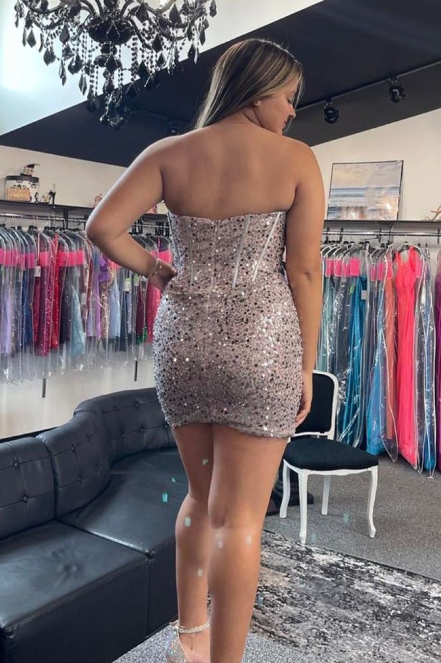 Homrain Sparkly Sequin Corset Tight Short Homecoming Dress | Pink Hoco Dresses