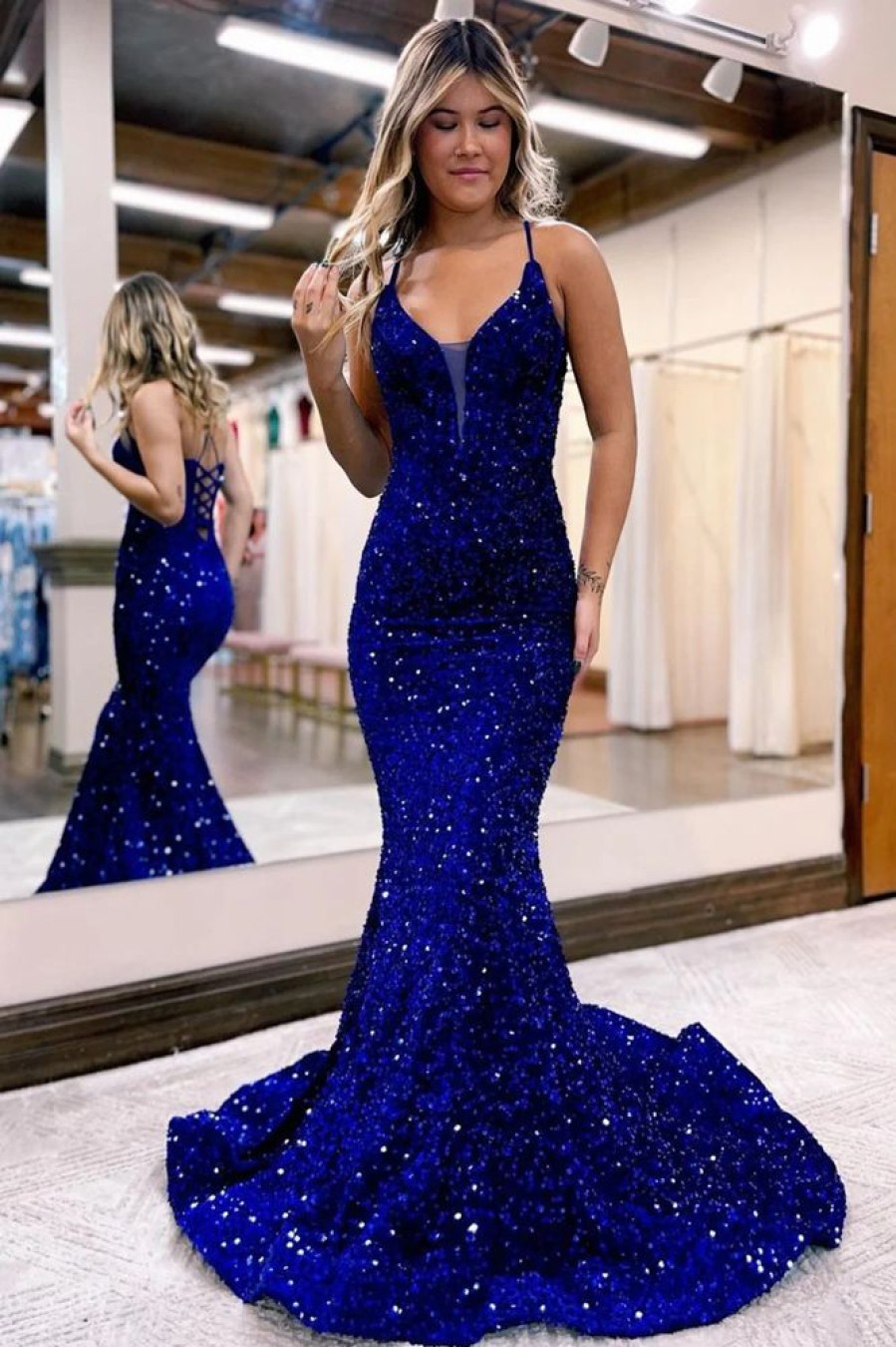 Homrain Mermaid Spaghetti Straps Sequins Long Prom Dress | Blue Prom Dresses