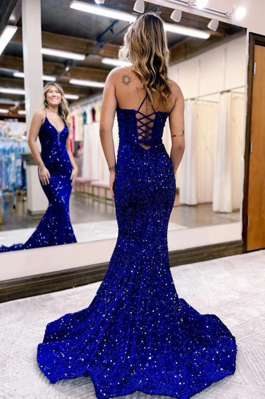 Homrain Mermaid Spaghetti Straps Sequins Long Prom Dress | Blue Prom Dresses