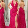 Homrain Glitter Beaded Mermaid V Neck Backless Long Prom Dress With Slit | Hot Pink Prom Dresses