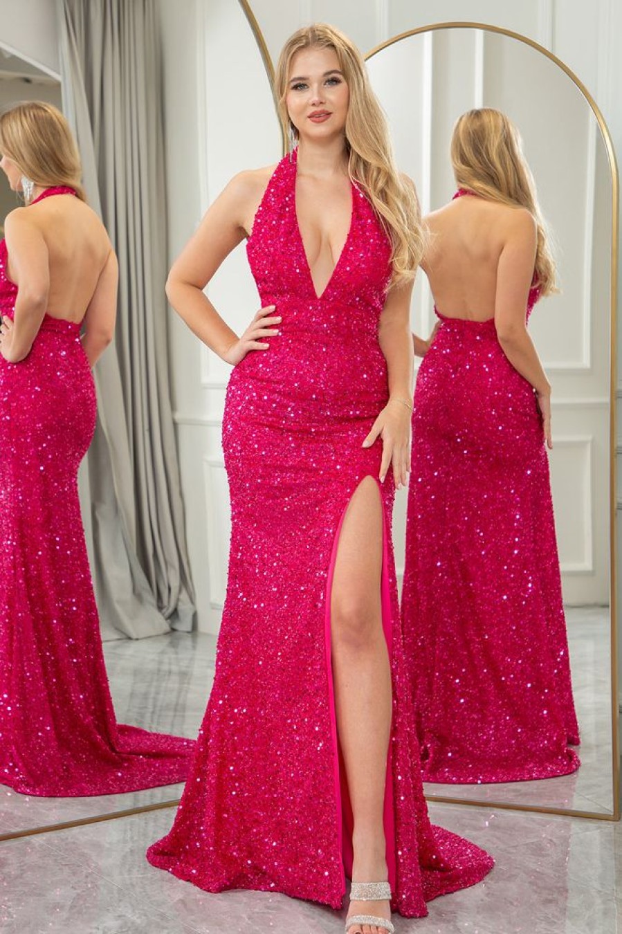 Homrain Glitter Beaded Mermaid V Neck Backless Long Prom Dress With Slit | Hot Pink Prom Dresses