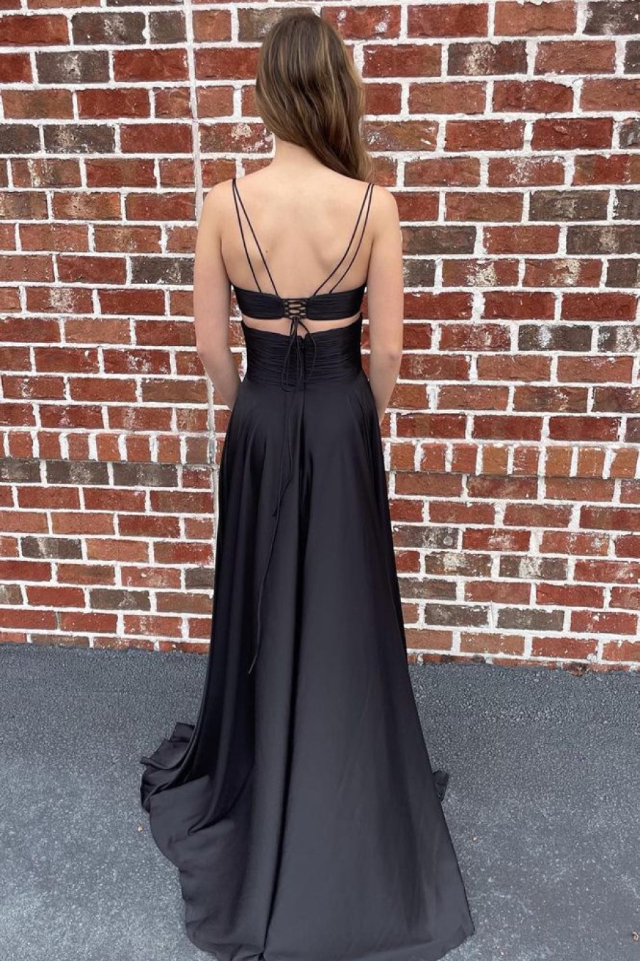 Homrain Spaghetti Straps Cut Out Long Prom Dress With Slit | Black Prom Dresses