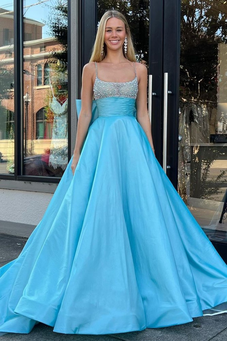 Homrain A Line Beaded Long Prom Dress With Bowknot | Blue Prom Dresses