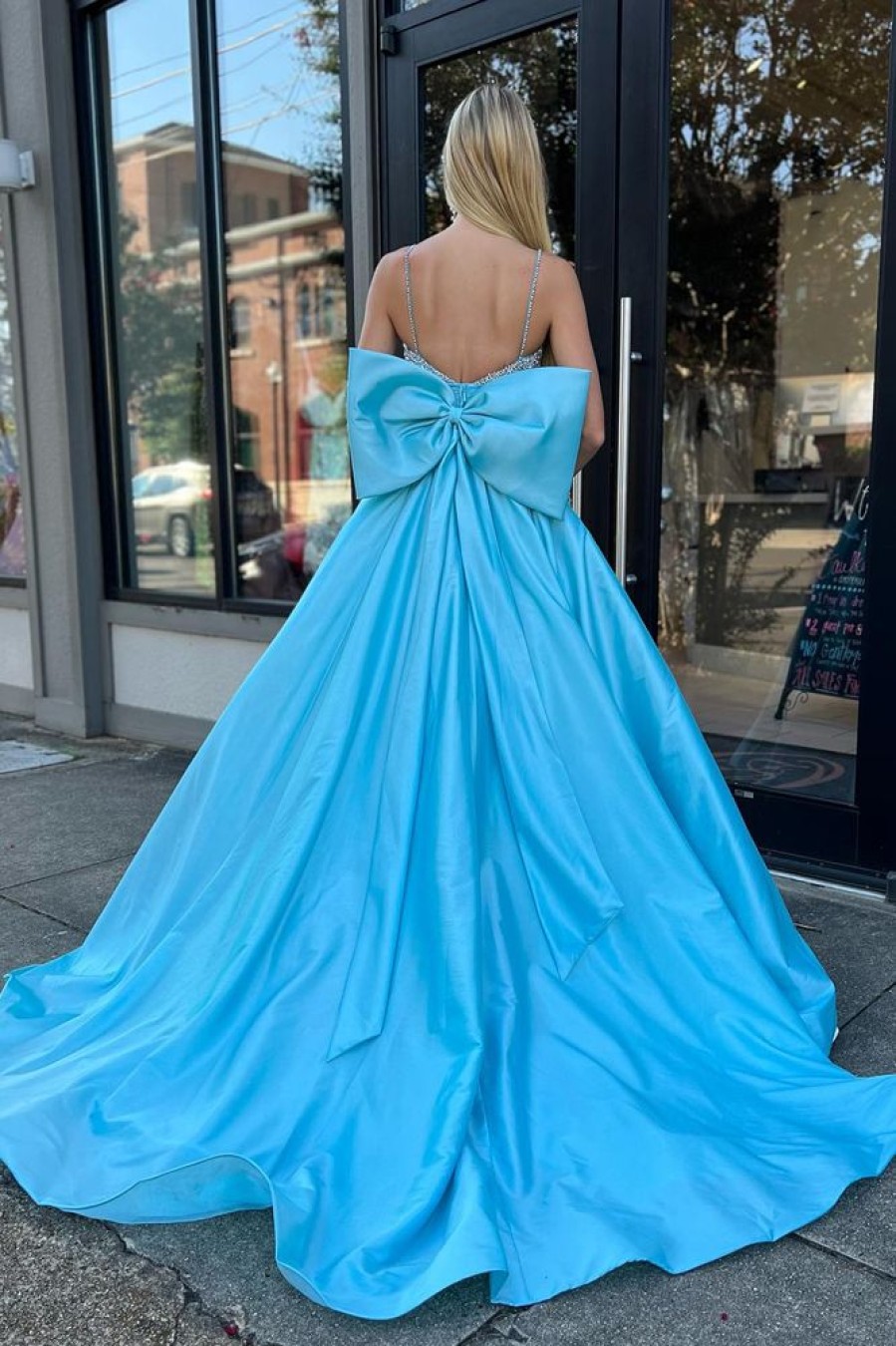 Homrain A Line Beaded Long Prom Dress With Bowknot | Blue Prom Dresses