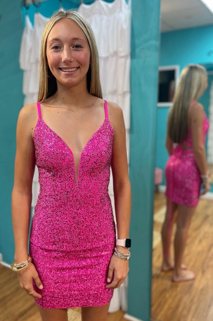 Homrain Sparkly Sequins Lace-Up Back Tight Short Homecoming Dress | Pink Hoco Dresses