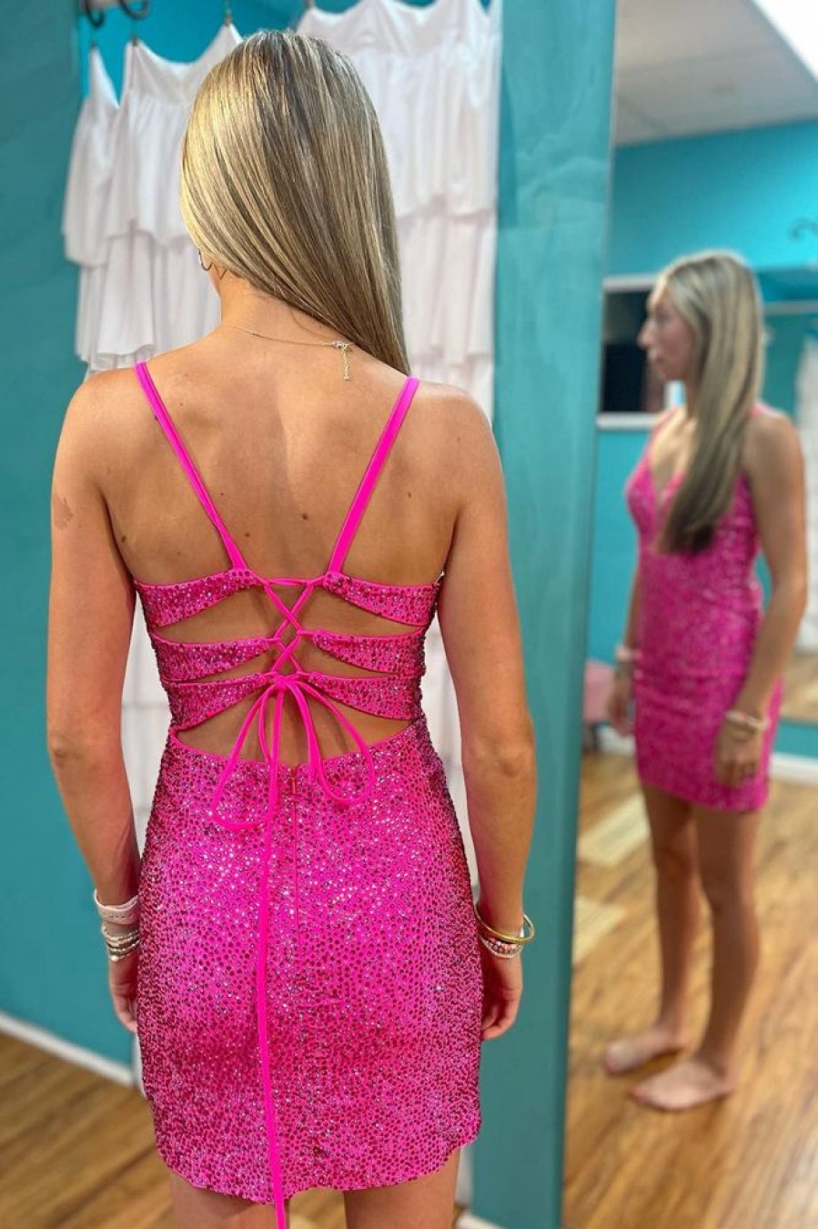 Homrain Sparkly Sequins Lace-Up Back Tight Short Homecoming Dress | Pink Hoco Dresses