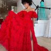 Homrain Off The Shoulder Tie Ruffled Long Prom Dress With Slit | Red Prom Dresses