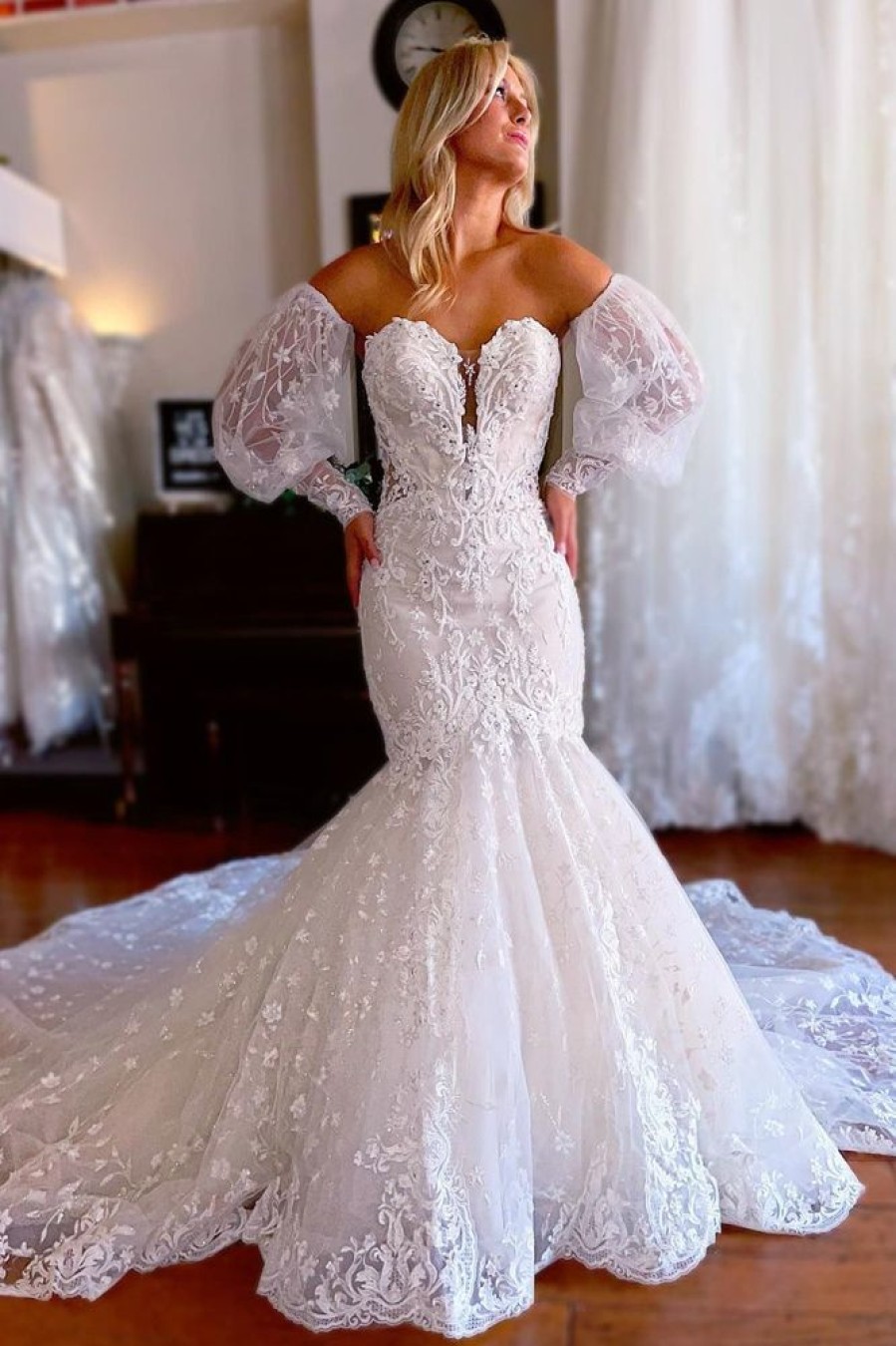 Homrain Sparkly Mermaid Detachable Long Sleeves Lace Wedding Dress | Lace Wedding Dresses