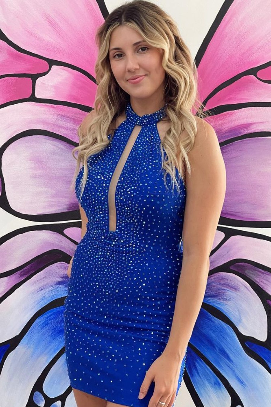 Homrain Sparkly Beaded Open Back Tight Short Homecoming Dress | Blue Hoco Dresses