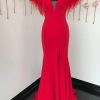 Homrain Mermaid Long Prom Dress With Feathers | Red Prom Dresses