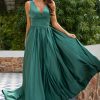 Homrain Deep V Neck Long Bridesmaid Dress | Green Prom Dresses