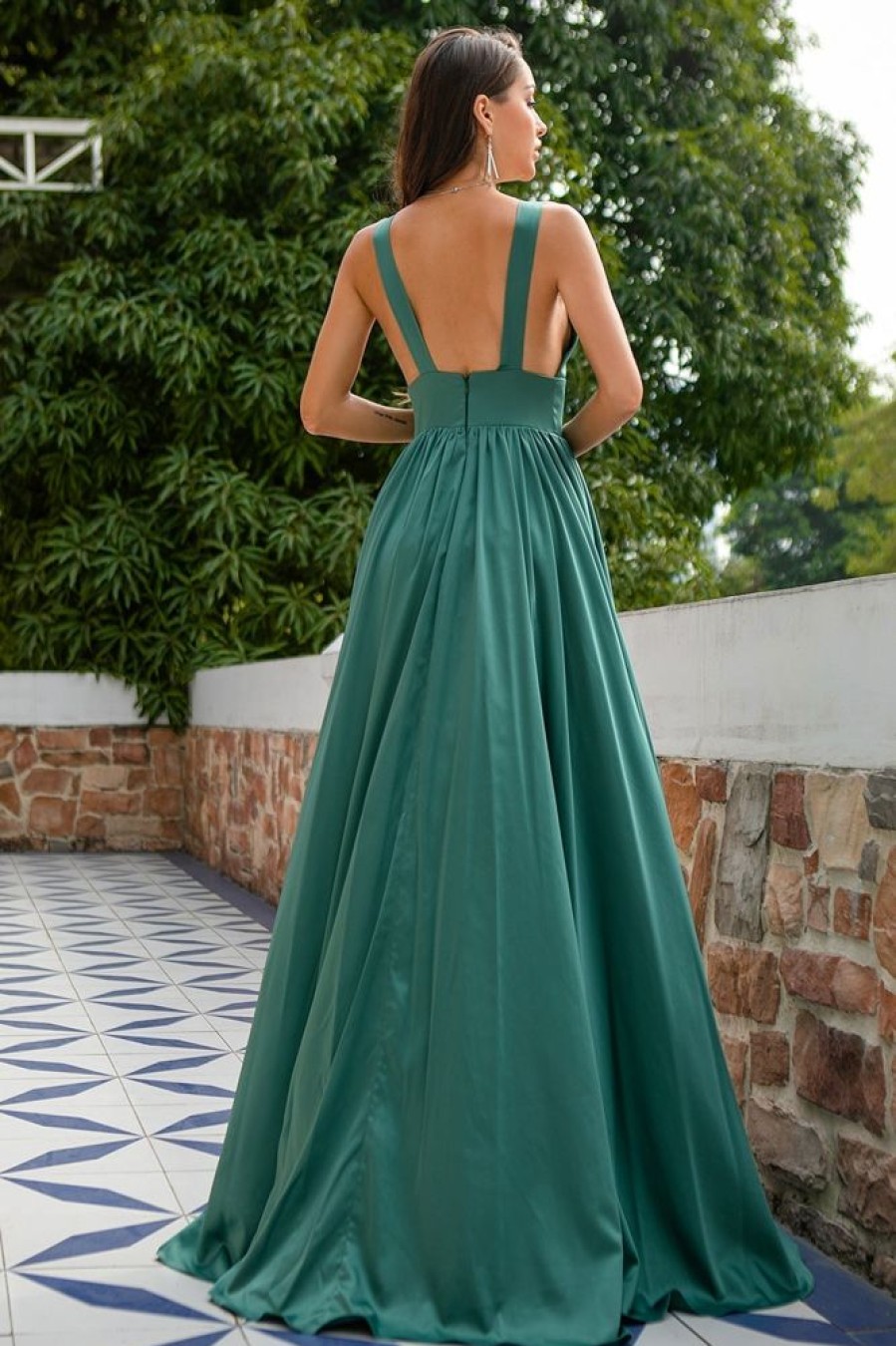 Homrain Deep V Neck Long Bridesmaid Dress | Green Prom Dresses