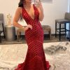 Homrain Sparkly Deep V Neck Sequin Mermaid Prom Dress | Red Prom Dresses