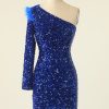 Homrain One Shoulder Sequined Cocktail Dress With Feathers | Blue Hoco Dresses