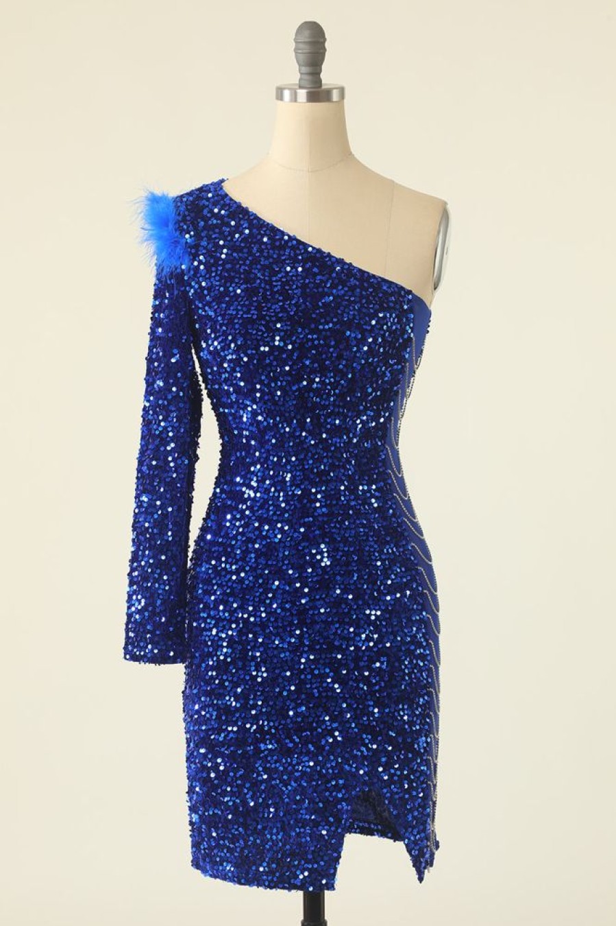 Homrain One Shoulder Sequined Cocktail Dress With Feathers | Blue Hoco Dresses