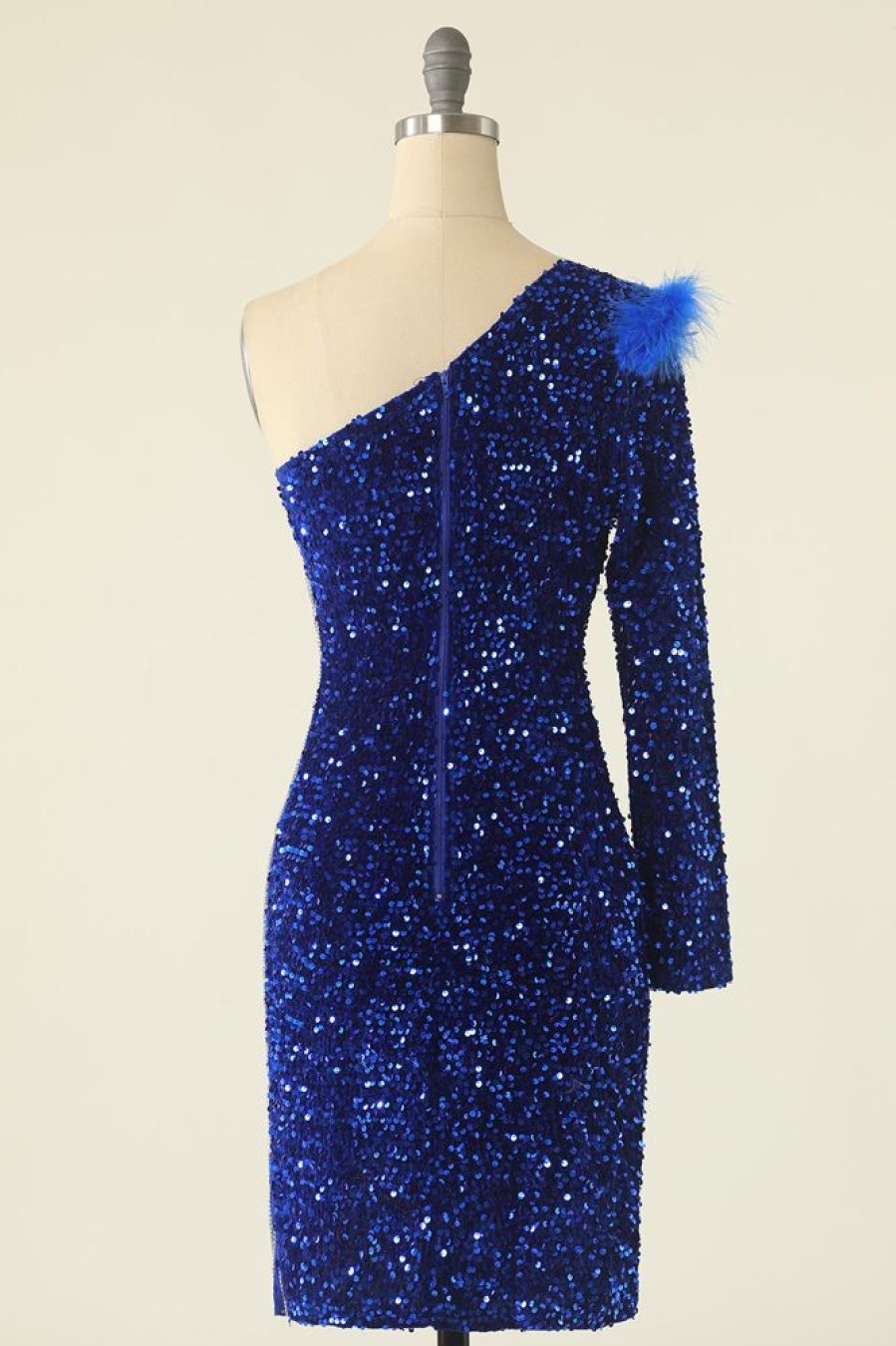 Homrain One Shoulder Sequined Cocktail Dress With Feathers | Blue Hoco Dresses