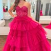 Homrain Glitter Tulle Tie Corset Long Prom Dress With Lace | Hot Pink Prom Dresses