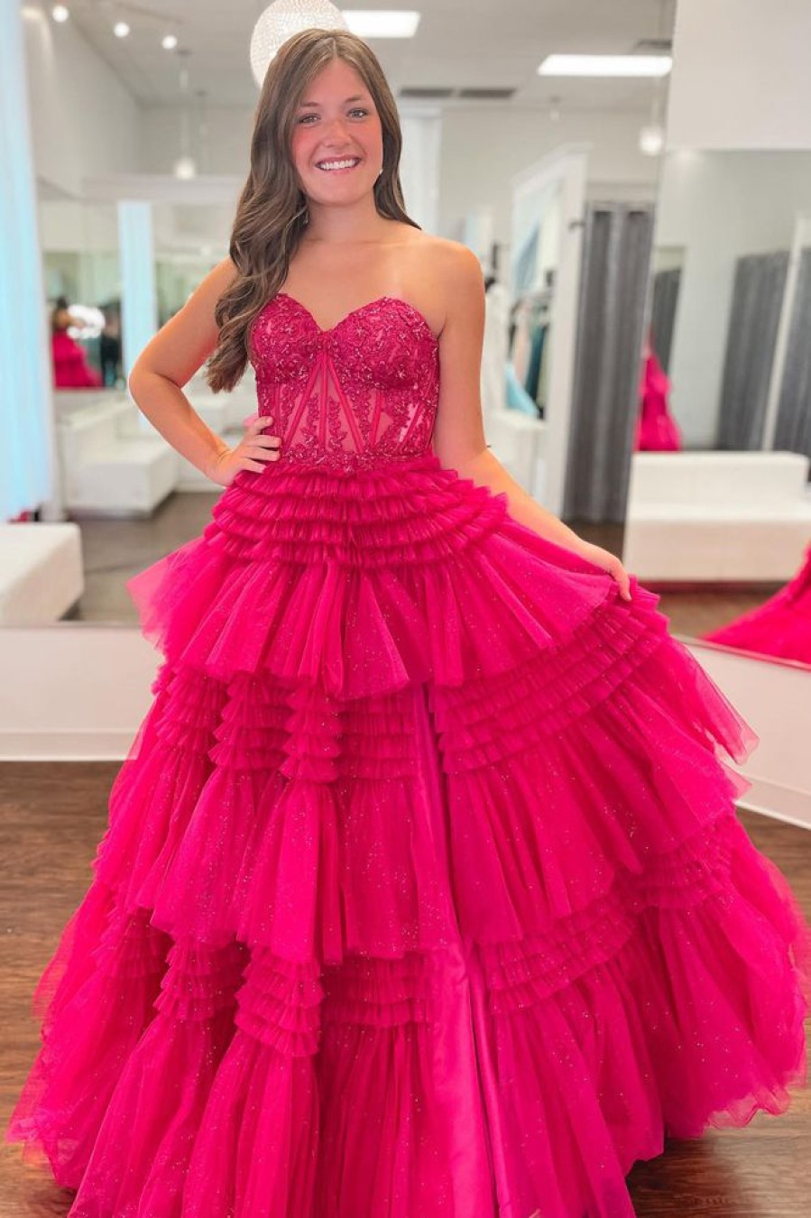 Homrain Glitter Tulle Tie Corset Long Prom Dress With Lace | Hot Pink Prom Dresses